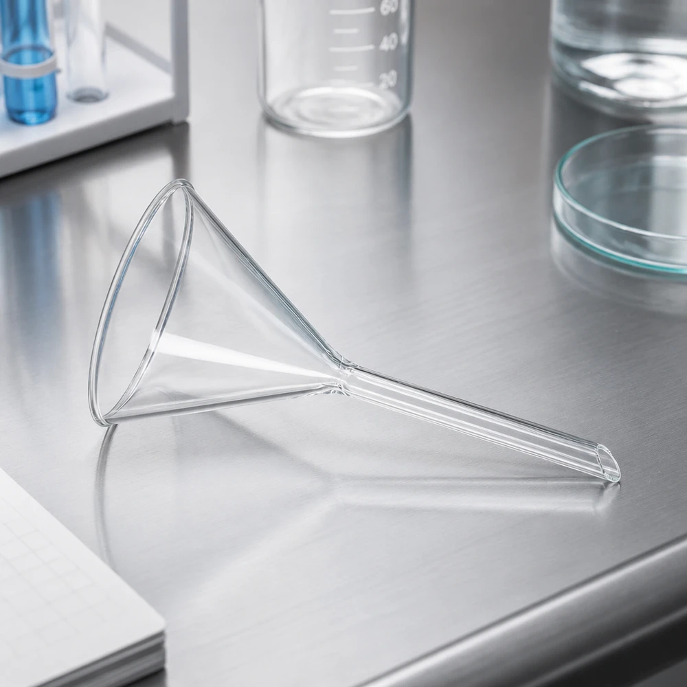 Imbuto Ø 100 mm per calce sodata, angolo 60°, stile corto Imbuto da laboratorio in vetro sodico-calcico con angolo di 60 gradi e apertura di 100 mm per un travaso preciso