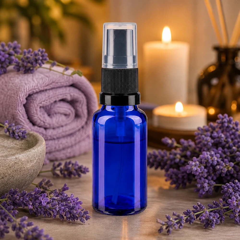 Bottiglia spray blu da 20ml. STD nero/trasp. apoGlas Piccolo flacone spray da farmacia da 20 ml in vetro blu con nebulizzatore nero per oli essenziali