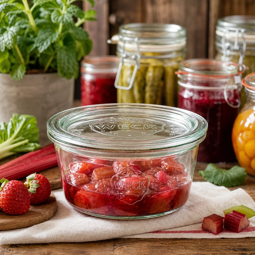 Bicchieri WECK da 290 ml RR100 riempiti di marmellata di rabarbaro e fragole in vasi da conserva e ingredienti freschi