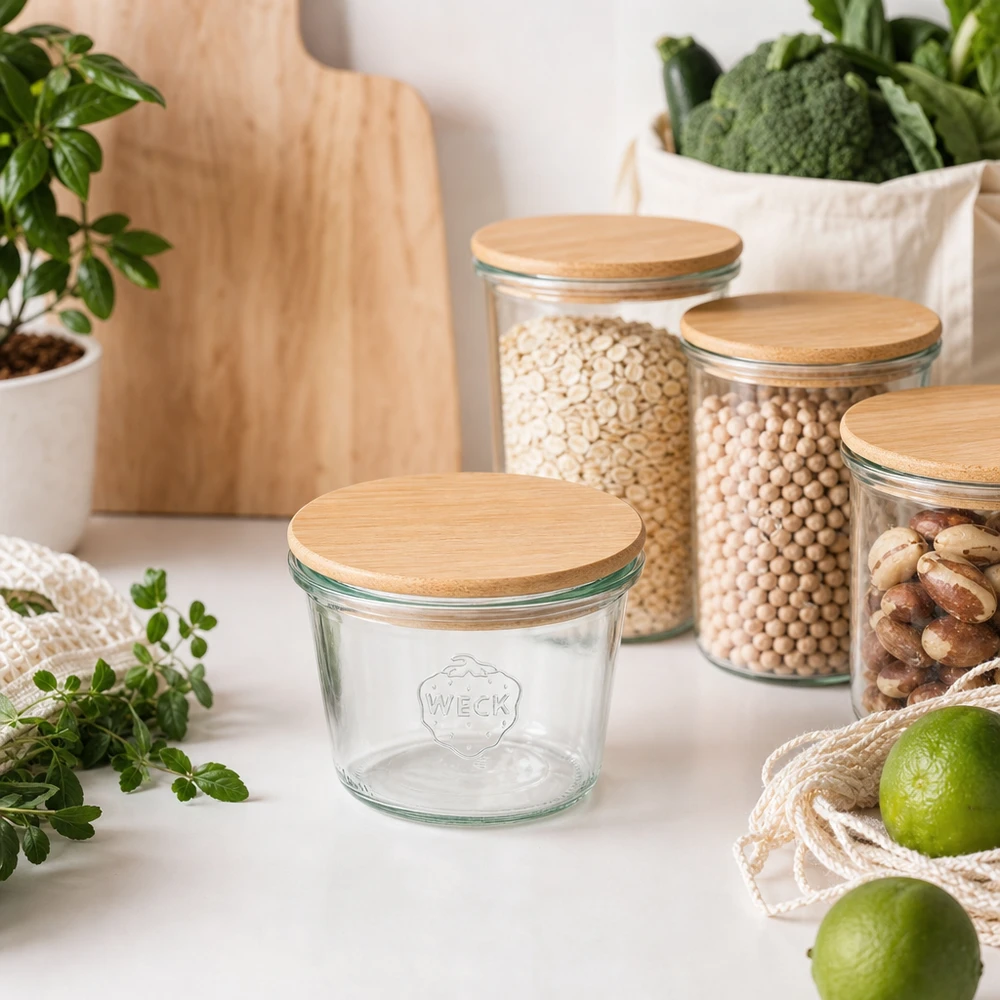 Bicchieri da 370 ml WECK RR100 con coperchio in legno WECK RR100 tumbler 370ml con coperchio in bambù in arredamento da cucina sostenibile con barattoli di stoccaggio e alimenti biologici