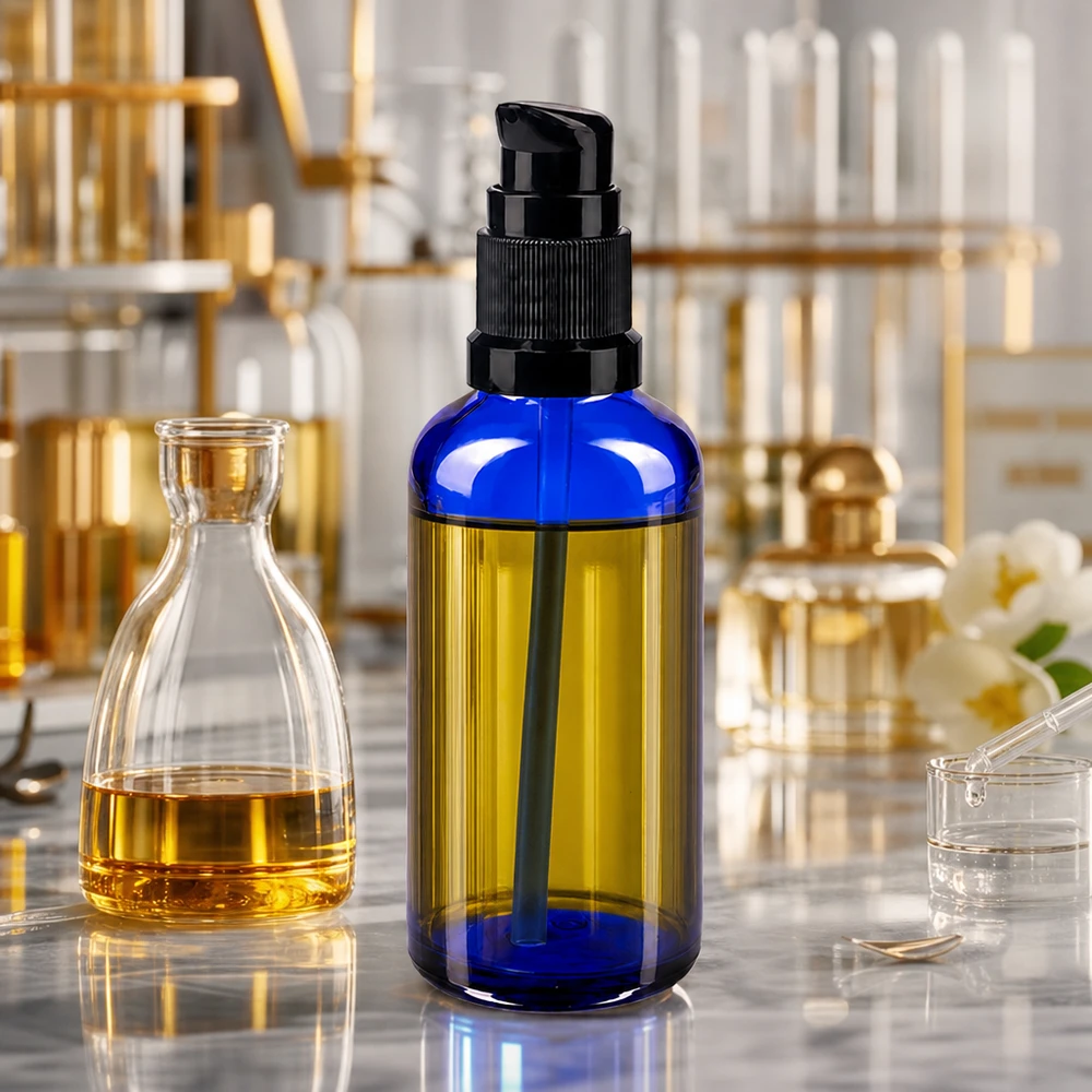 Flacone a pompa blu da 50 ml STD nero ApoGlas Piccolo flacone da farmacia in vetro blu da 50 ml con erogatore a pompa nero per prodotti cosmetici