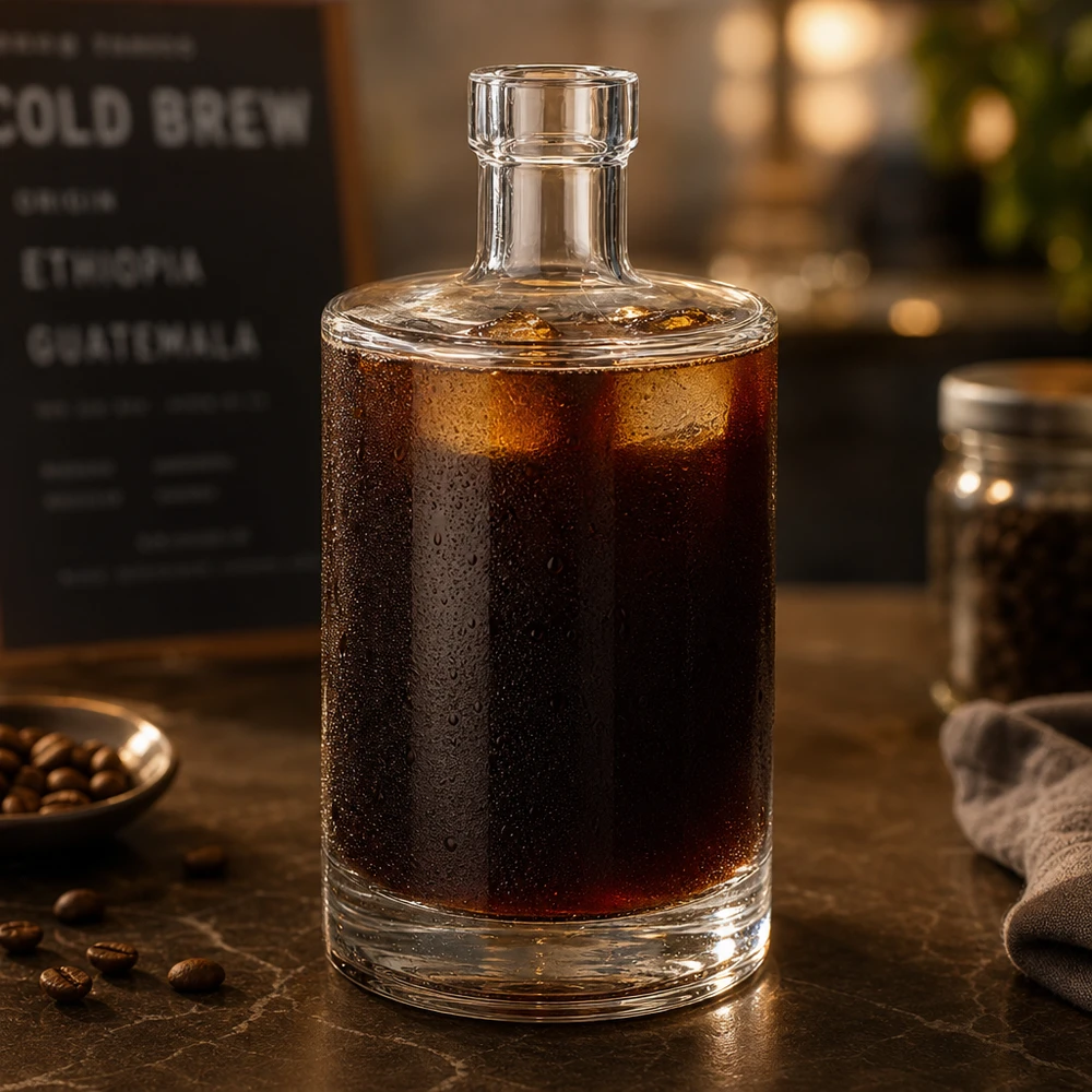 Bottiglia in vetro da 500 ml Marie senza tappo UNiTWIST® Bottiglia di vetro da 500 ml Marie riempita di caffè freddo mostra l'idoneità per le bevande fredde e l'atmosfera da bar.