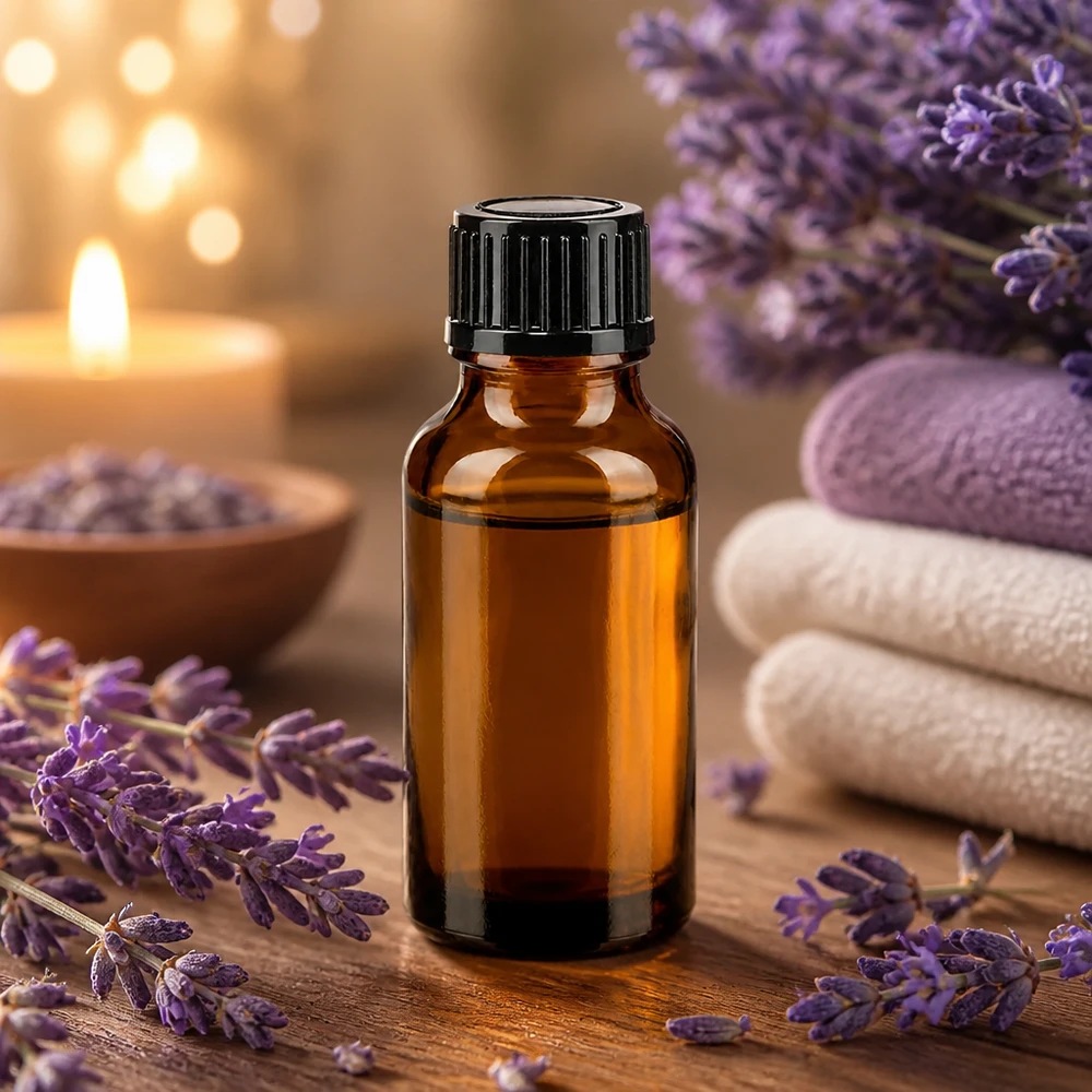 Bottiglia da farmacia marrone da 20 ml. SV STD nero/11mm ApoGlas Piccolo flacone da farmacia marrone da 20 ml con fiori di lavanda su sfondo di legno