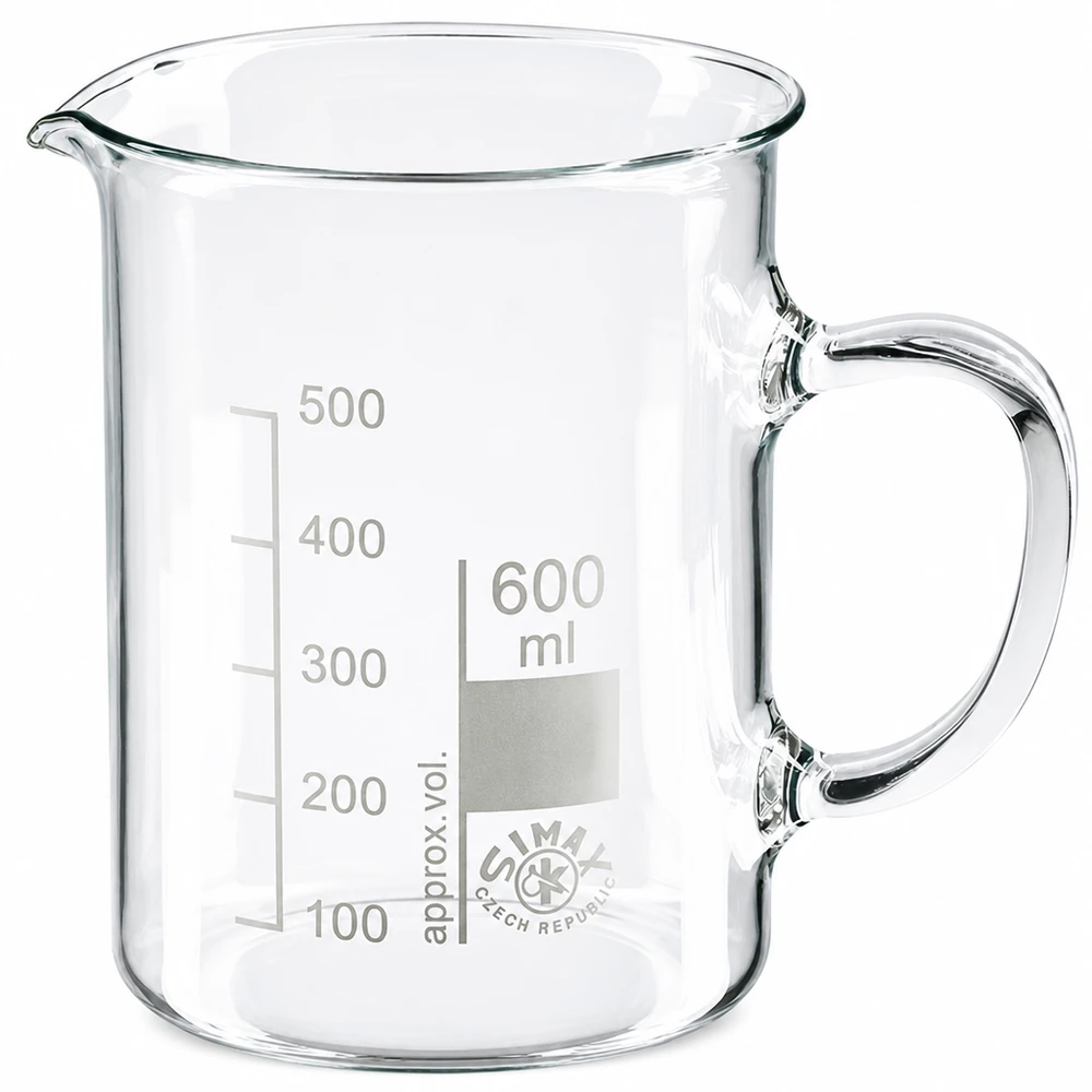 Bicchiere da laboratorio da 600 ml in vetro borosilicato con manico e graduazione in millilitri fino a 500 ml