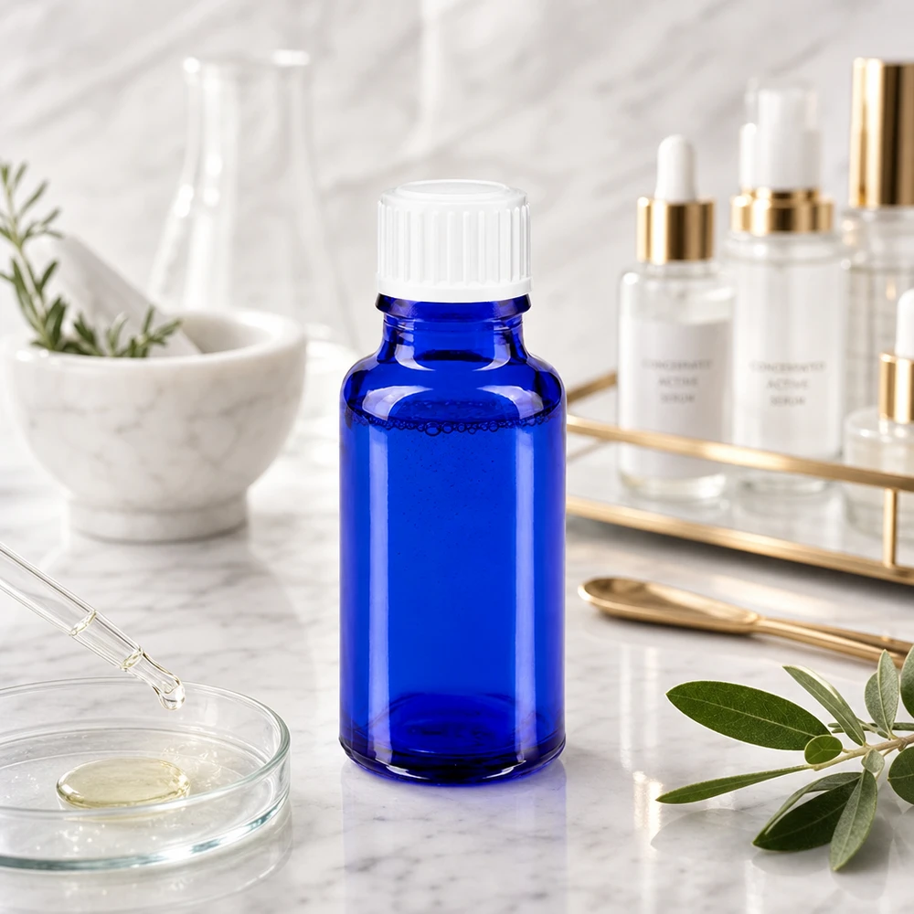 Flacone di vetro da 20 ml blu cobalto con tappo a vite bianco accanto a strumenti da laboratorio su una superficie di marmo