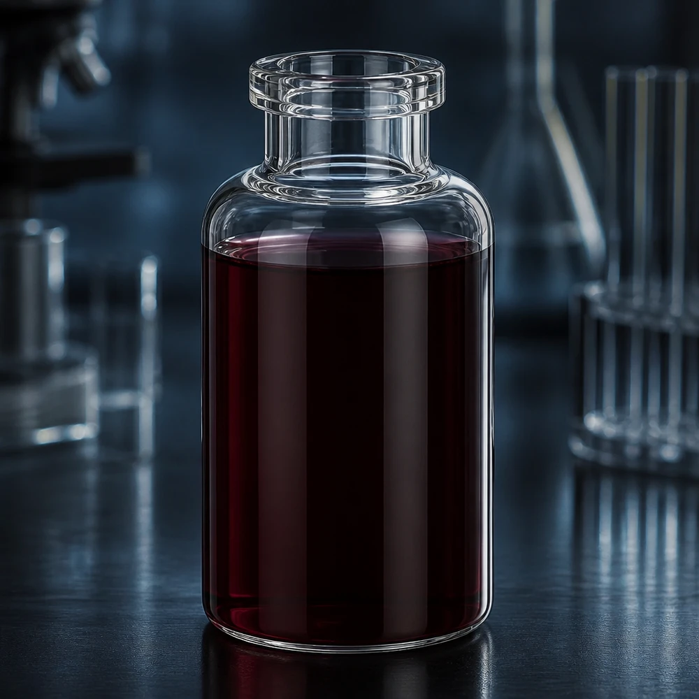 Flacone per iniezione in vetro trasparente 30ml Medizinische Klarglasflasche 30ml fast vollständig befüllt mit dunkelroter Injektionslösung