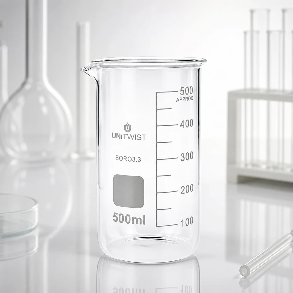 Becher da laboratorio trasparente vuoto da 500 ml, modello alto UNITWIST con scala graduata su sfondo bianco