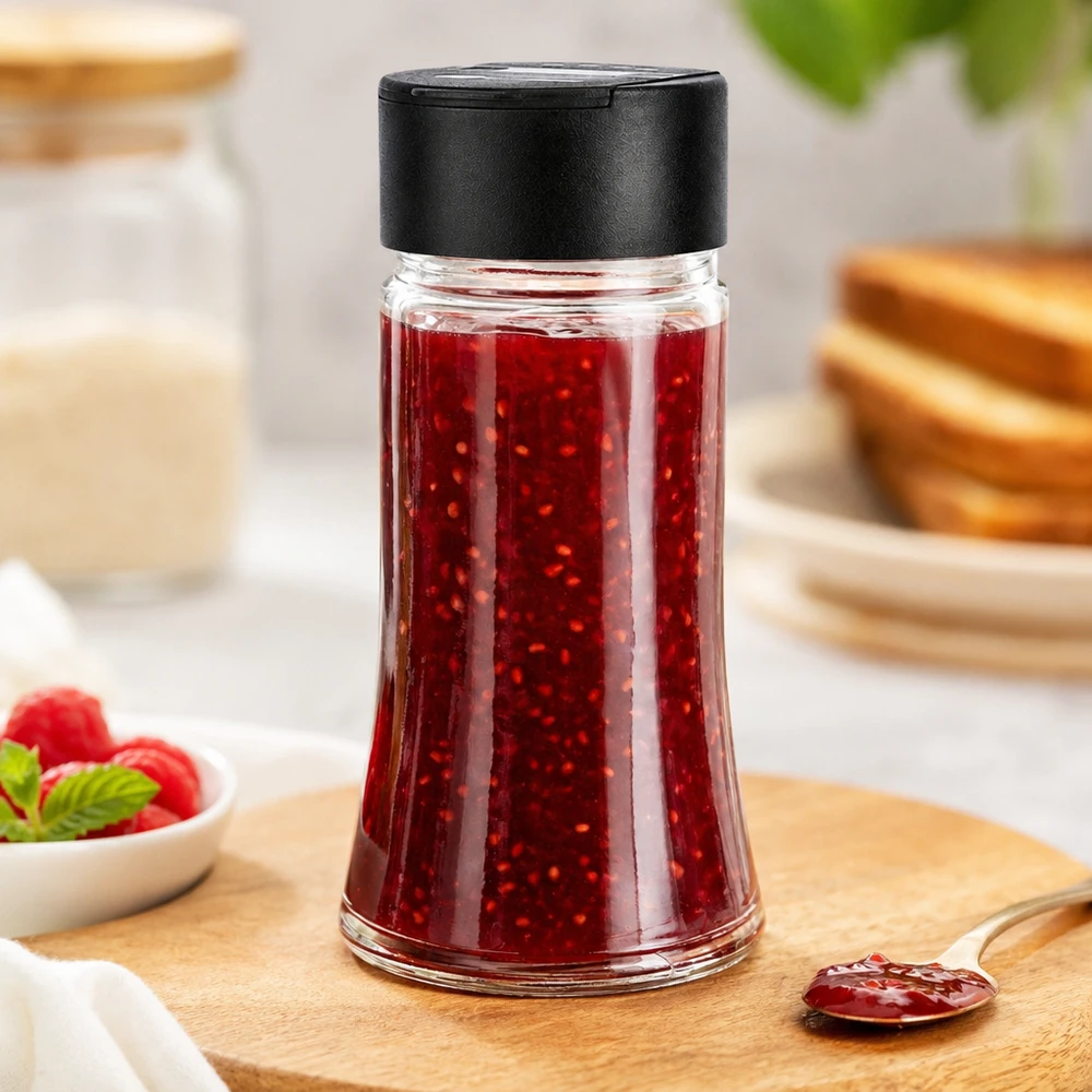 Marmellata di lamponi in un barattolo di vetro trasparente da 95 ml con coperchio nero a doppia spargitrice, su un tagliere di legno con fette di pane tostato