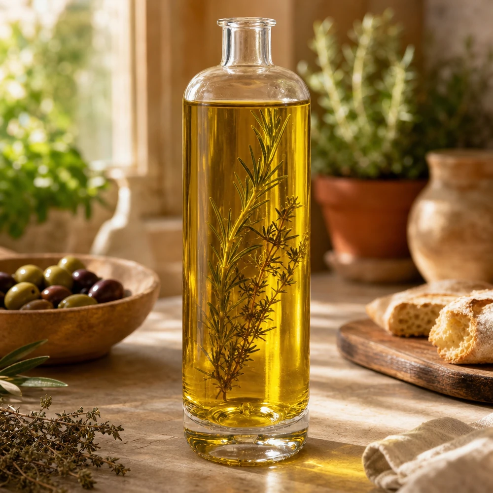 Bottiglia in vetro da 700 ml Ella senza tappo UNiTWIST® Bottiglia di vetro da 700 ml di Ella riempita di olio alle erbe su un tavolo di legno tra pane alle olive e decorazioni da cucina mediterranea