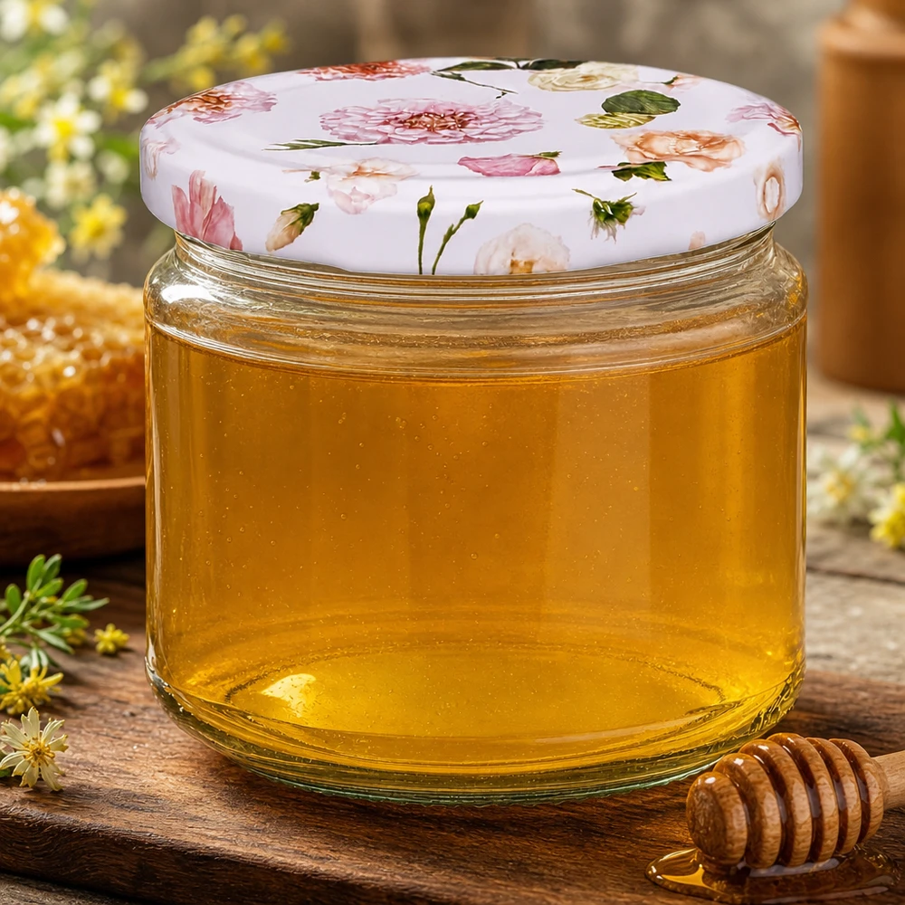 Barattolo rotondo da 330 ml + coperchio BasicSeal rosa fiore UNiTWIST 330ml Rundglas mit rosa Blütenmuster gefüllt mit goldenem Honig neben Honiglöffel und Bienenwabe rustikale Küche