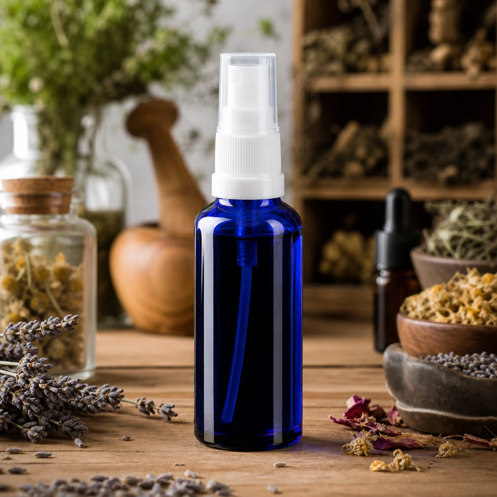 Flacone spray in vetro borosilicato blu da 10 ml con erogatore a pompa bianco tra erbe essiccate