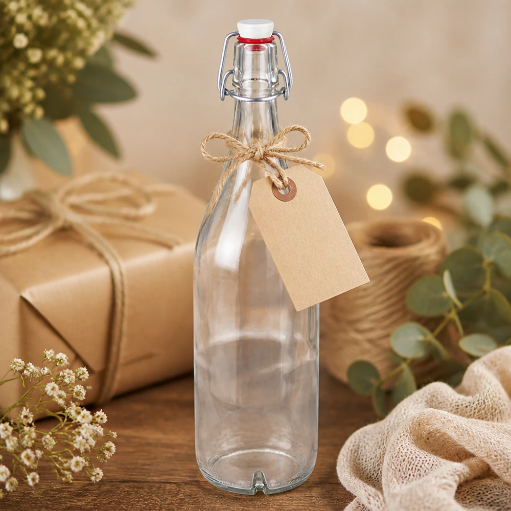 Bottiglia di vetro da 1000ml + piano oscillante in porcellana UN. Bottiglia in vetro da 1000 ml con tappo a battente in porcellana da regalare con ciondolo e decorazioni naturali