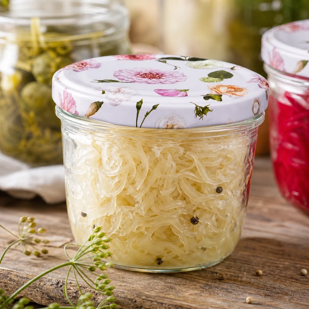 Bicchieri da 230 ml + coperchio BasicSeal rosa... Crauti in barattolo da 230 ml Coperchio BasicSeal motivo fiore rosa cibo fermentato decorazione cucina rustica