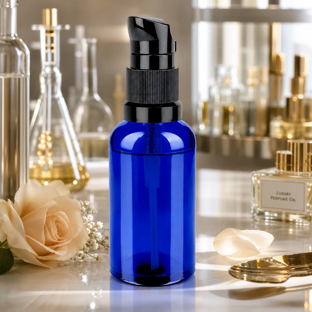 Flacone a pompa da 50 ml nero STD BlueLine UT18/50 Elegante flacone dosatore blu da 50 ml con sistema a pompa nero STD BlueLine UT18/50