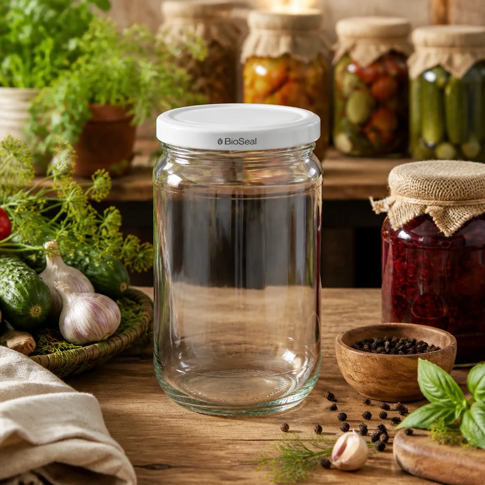 UNiTWIST Runda305 con coperchio bianco TO63 BioSeal UNiTWIST Runda305 vaso in cucina rustica con erbe aromatiche e barattoli per conserve - versatile per la conservazione