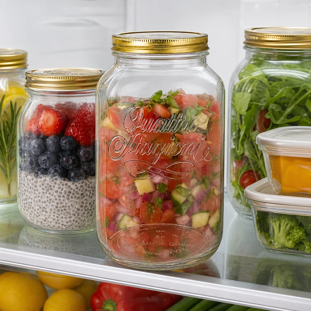 Quattro Stagioni: barattolo da 3800 ml pieno di salsa e frutti di bosco nel frigorifero.