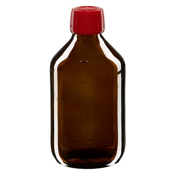 Flacone per medicinali da 250 ml marrone, tappo rosso con chiusura antimanomissione Flacone per medicinali da 250 ml marrone, tappo rosso con chiusura antimanomissione