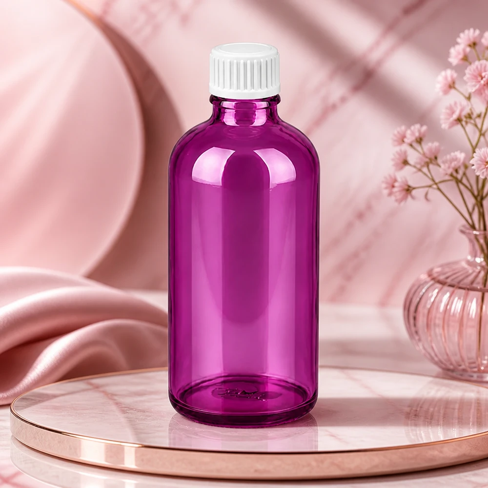 Flacone da 100 ml (globuli) con anello versatore da 3 mm bianco Standard PurpleLine. UT18/100 Bottiglia in vetro sostenibile da 100 ml in viola riutilizzabile per uno stile di vita a zero rifiuti