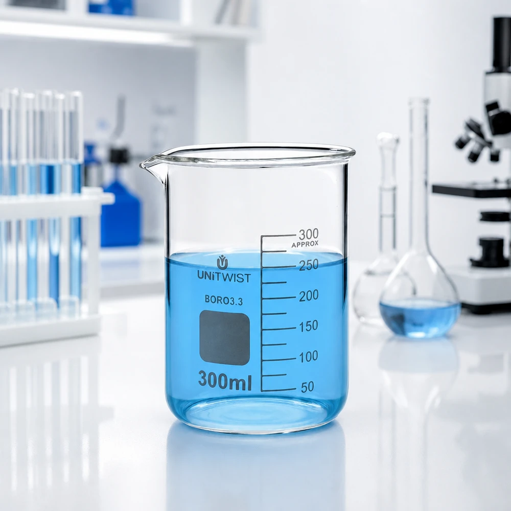 Becher da laboratorio in vetro trasparente da 300 ml con liquido blu e scala in millilitri di UNiTWIST
