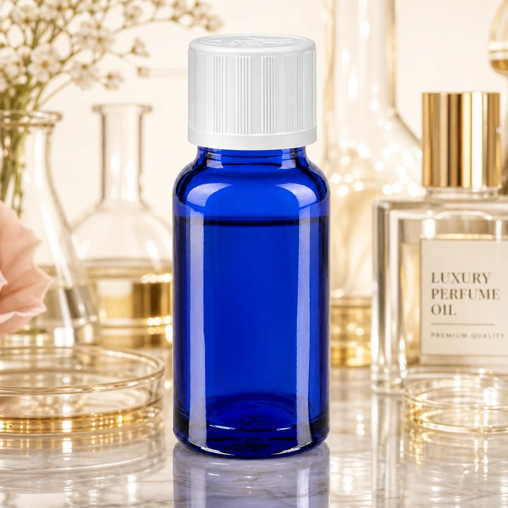 Flacone da farmacia da 10 ml blu cobalto con tappo di sicurezza per bambini bianco per profumi di lusso