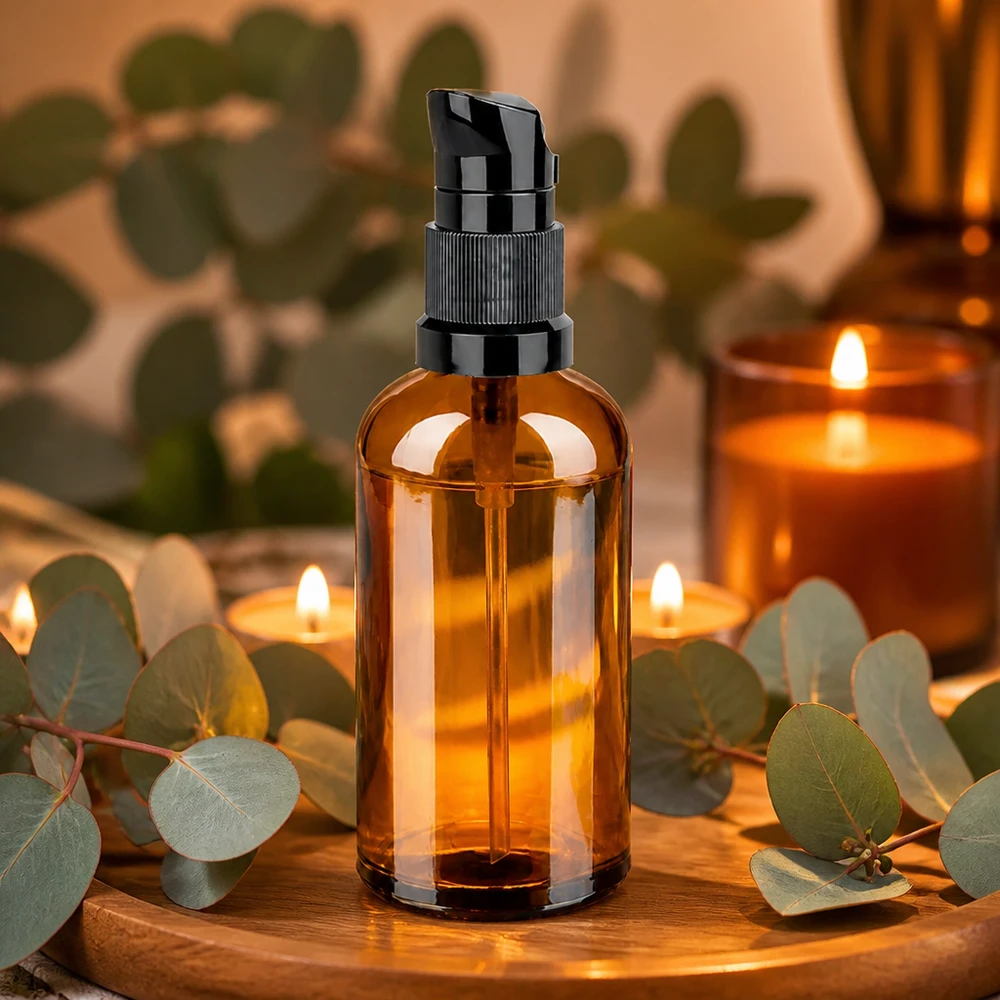 Flacone a pompa da 100 ml nero STD BrownLine UT18/100 Flacone compatto in vetro da 100 ml marrone con dispenser a pompa igienico per uso quotidiano