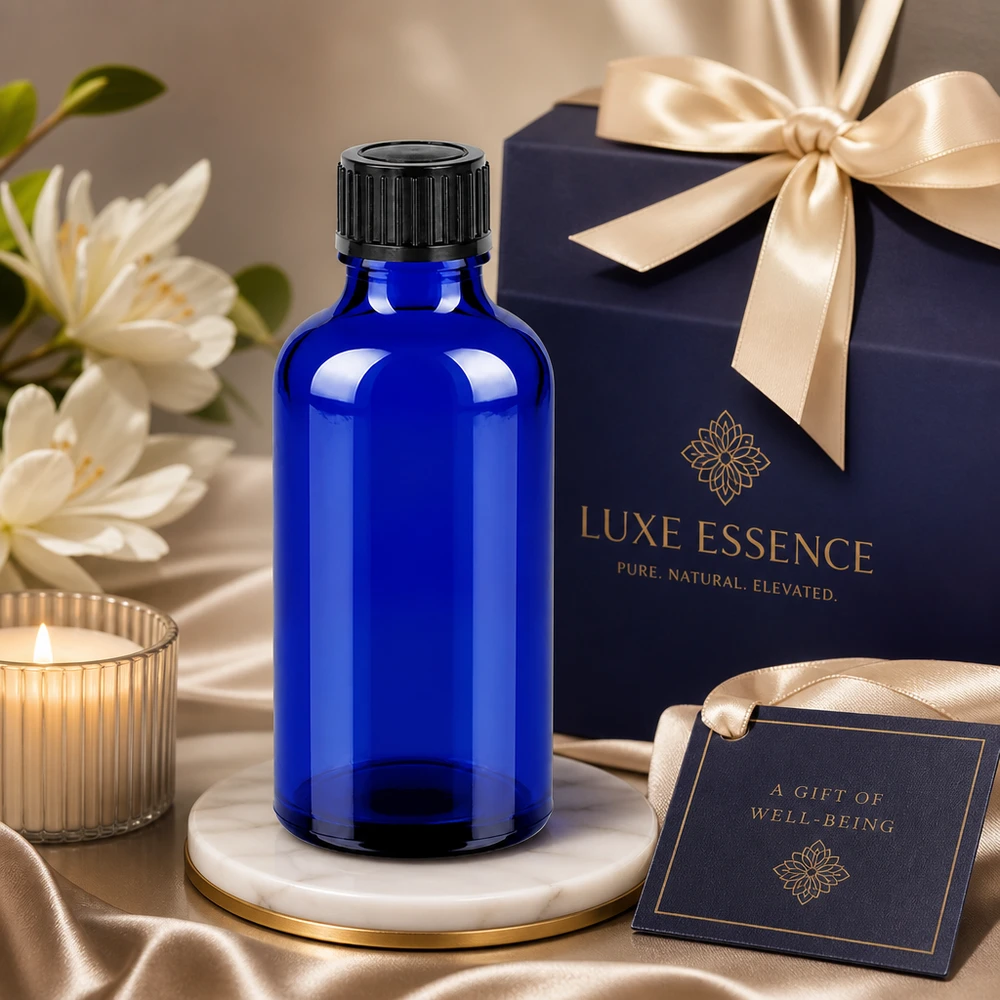 Bottiglia da 50ml 11mm SV nero OV BlueLine UT18/50 Bottiglia in vetro BlueLine da 50 ml con protezione UV e tappo nero antimanomissione per prodotti benessere