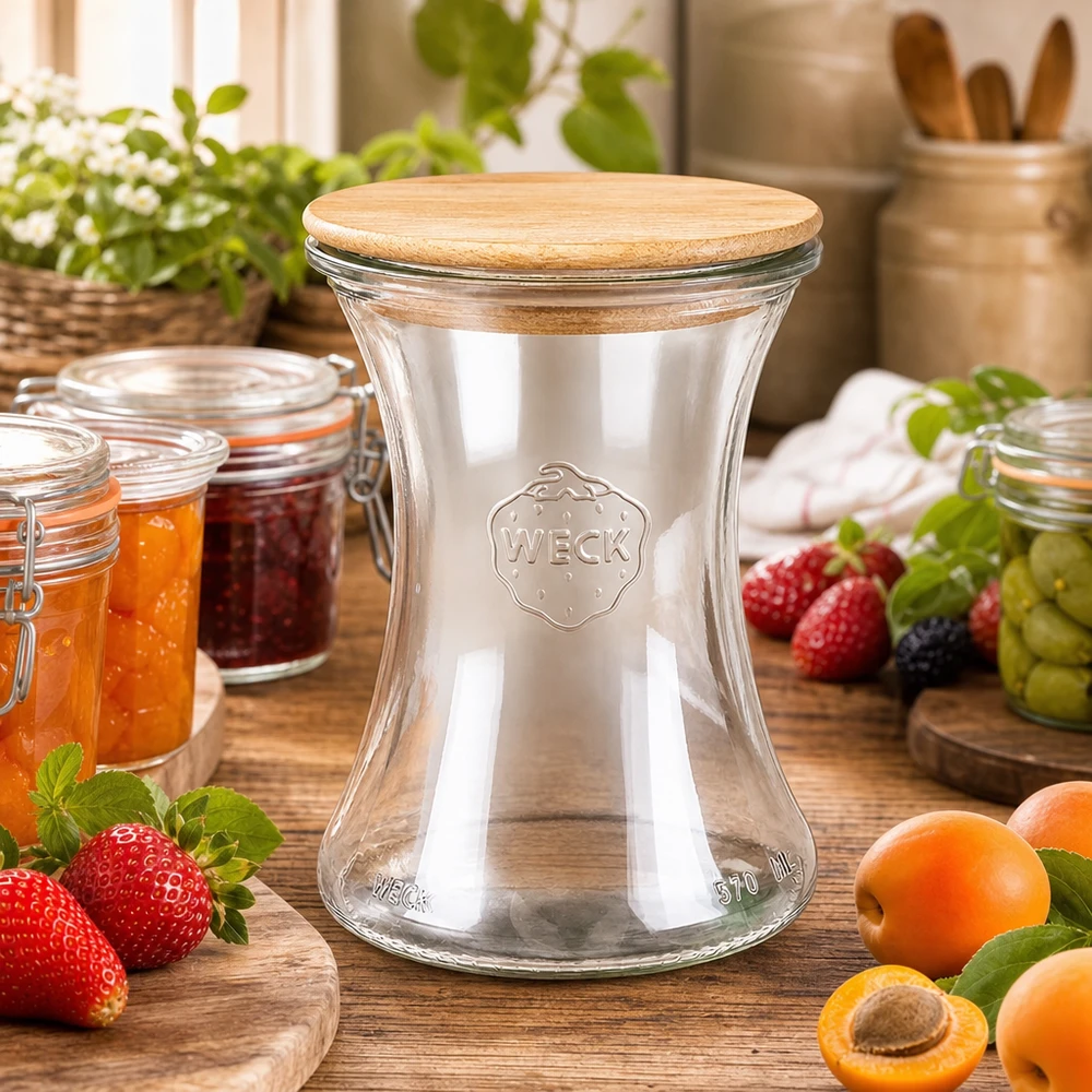 Vasetto per salumi WECK RR80 da 370 ml con coperchio in legno Barattolo da 370 ml WECK per salumeria RR80 con coperchio in legno in una cucina rustica circondata da frutta fresca e barattoli di marmellata