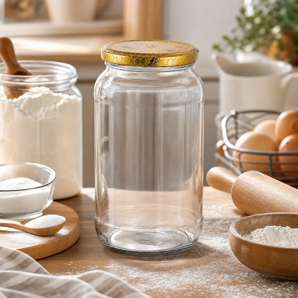 Barattolo rotondo da 1062 ml + coperchio BasicSeal a nido d'ape UN... 1062ml barattolo di vetro rotondo vuoto in cucina scena con ingredienti da forno farina uova mattarello d'oro a nido d'ape coperchio barattolo di stoccaggio