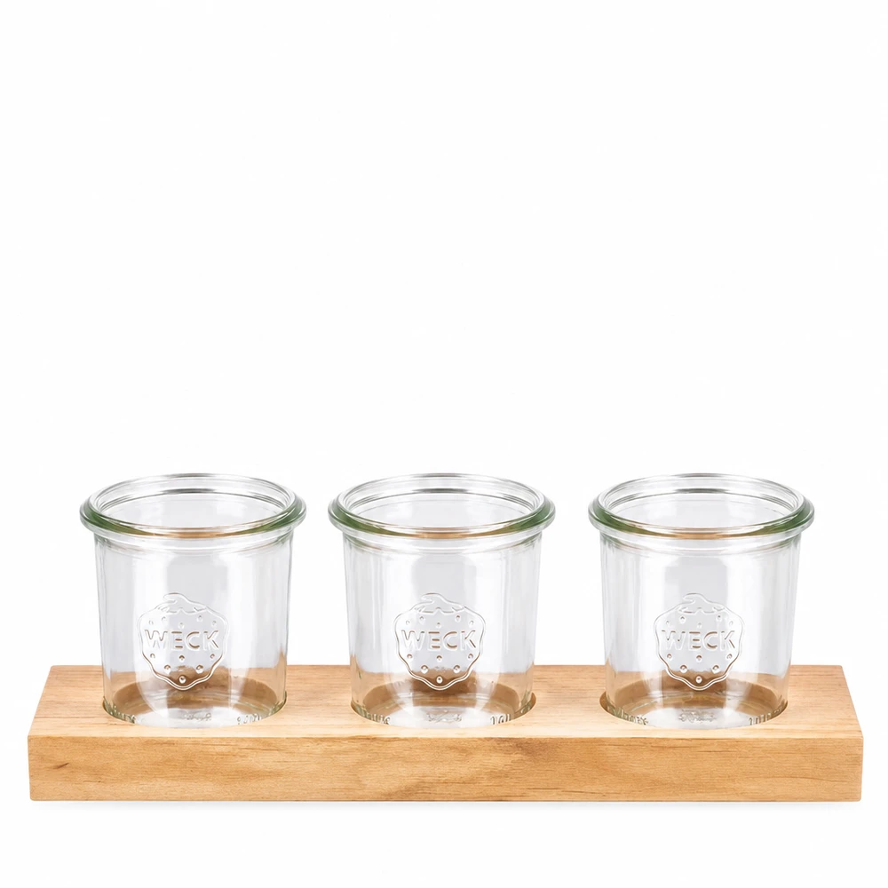 Tavola da portata in legno Plano3 con 3 tumbler WECK da 140 ml per cucina e magazzino