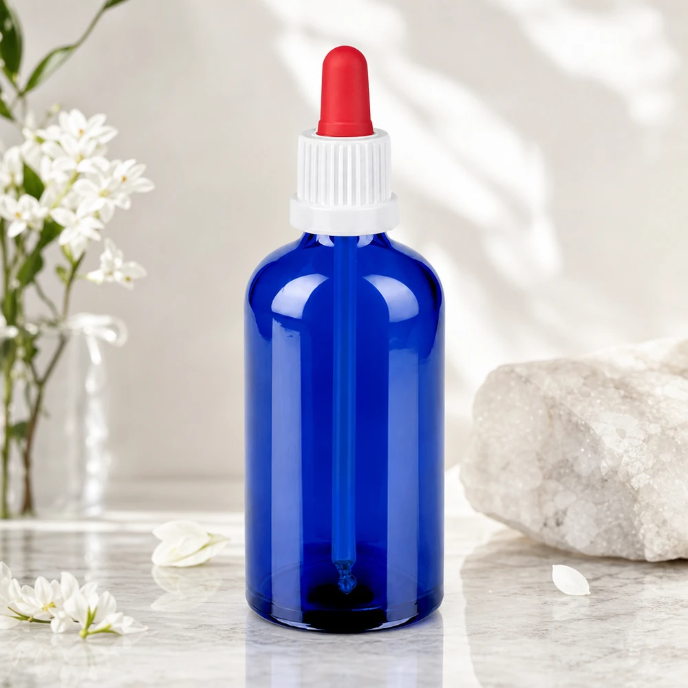 Flacone per pipette da 100 ml bianco/rosso OV BlueLine UT18/100 Robusto flacone da laboratorio da 100 ml in vetro blu con tappo bianco igienico e contagocce