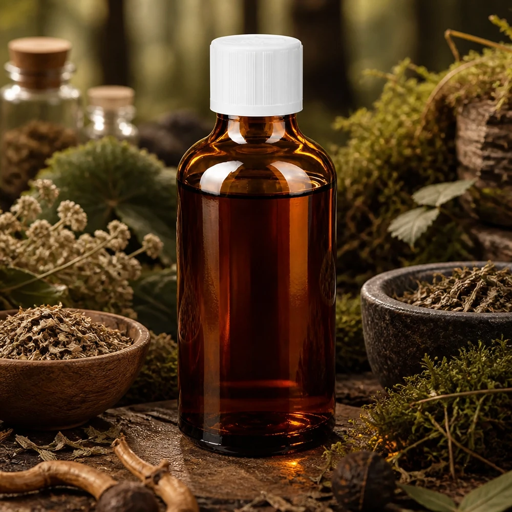 Flacone contagocce marrone da 50 ml con tappo KiSi bianco, circondato da erbe e radici essiccate