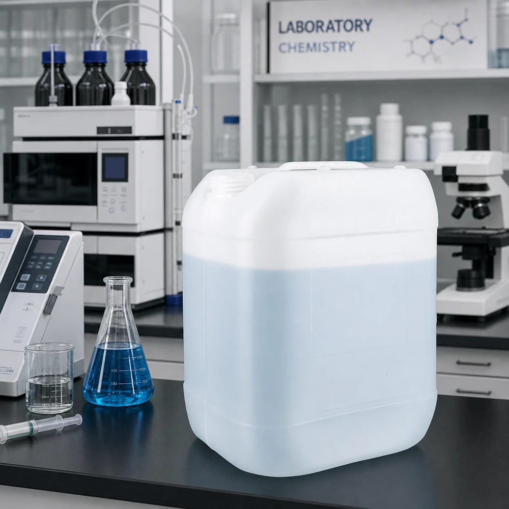 Tanica 20 litri senza tappo Tanica vuota da 20 litri in HDPE senza tappo, traslucida, su un tavolo da laboratorio con un matraccio di Erlenmeyer