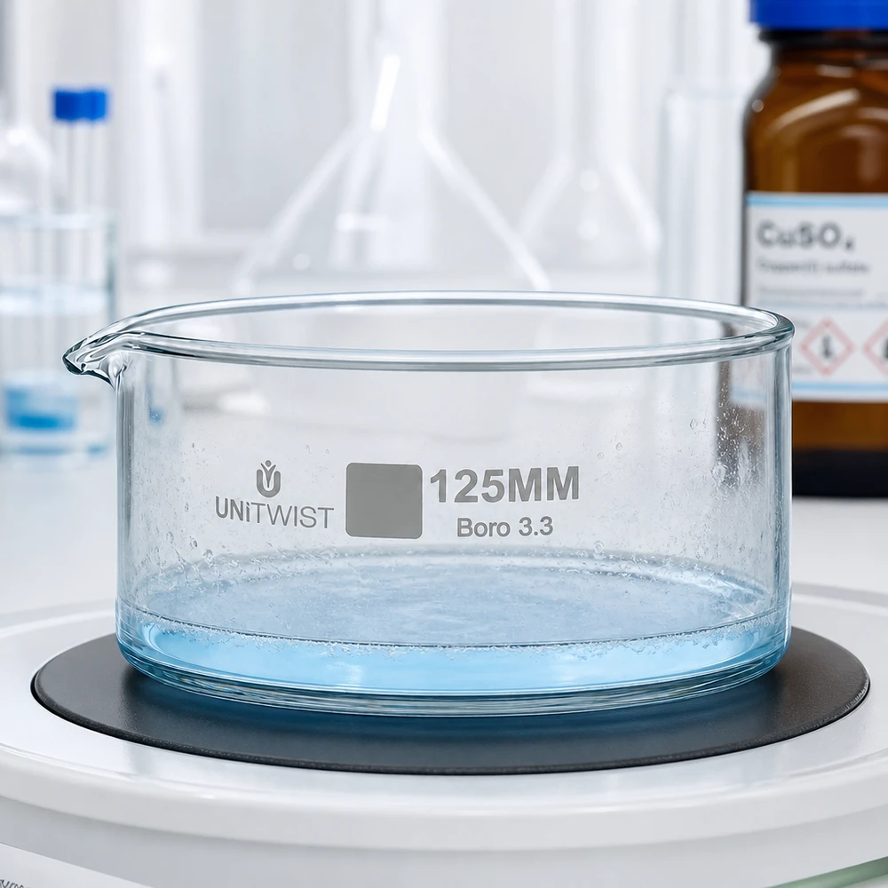 Piatto per cristallizzazione ø125mm in vetro borosilicato UNiTWIST Vaschetta di cristallizzazione UNiTWIST da 125 mm su bilancia da laboratorio con soluzione azzurra e bolle d'aria visibili
