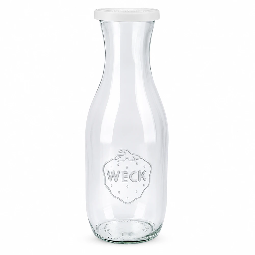 Bottiglia per succhi di frutta WECK da 1062 ml in vetro con coperchio bianco per la freschezza e logo WECK per succhi e bevande