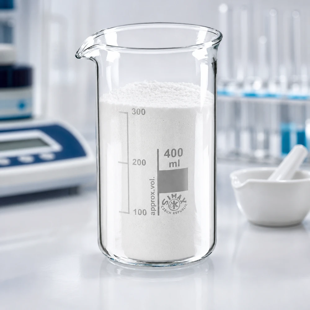 Becher da 400 ml di forma alta, pieno di polvere bianca, in laboratorio accanto a un mortaio e a un pestello