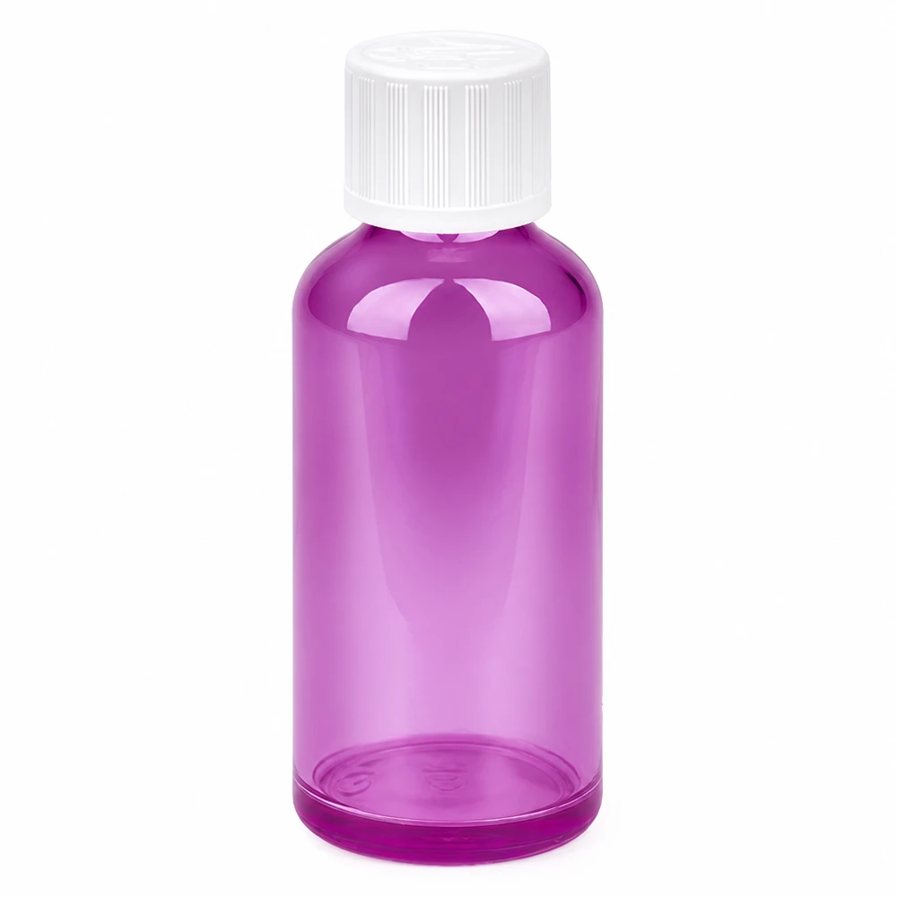 Flacone da 50ml tappo a vite 11mm bianco standard a prova di bambino PurpleLine UT18/50 Flacone compatto in vetro viola da 50 ml con filettatura standard per applicazioni a goccia