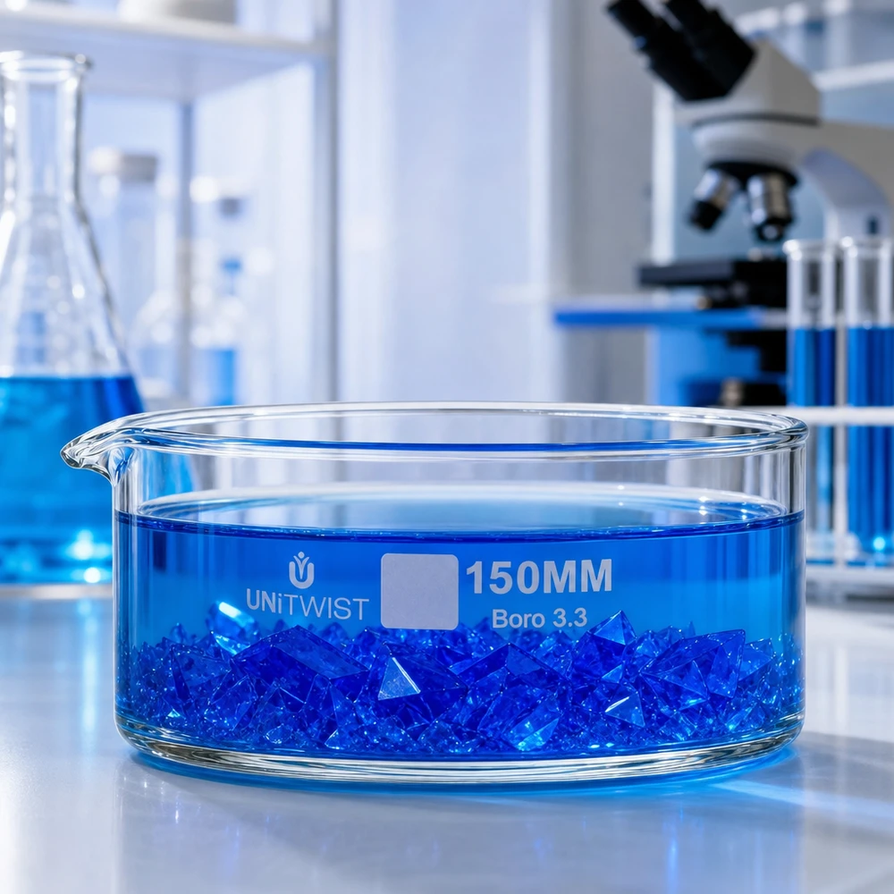 Piatto per cristallizzare ø150mm in vetro borosilicato UNiTWIST Vaschetta di cristallizzazione UNiTWIST da 150 mm con cristalli blu in soluzione – Esperimento di laboratorio