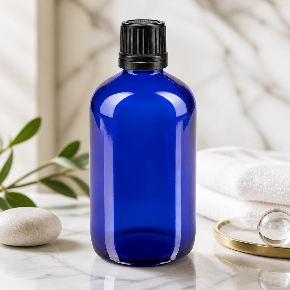 Flacone da farmacia da 100 ml GR blu cobalto con tappo originale nero da 8 mm in vetro con protezione UV