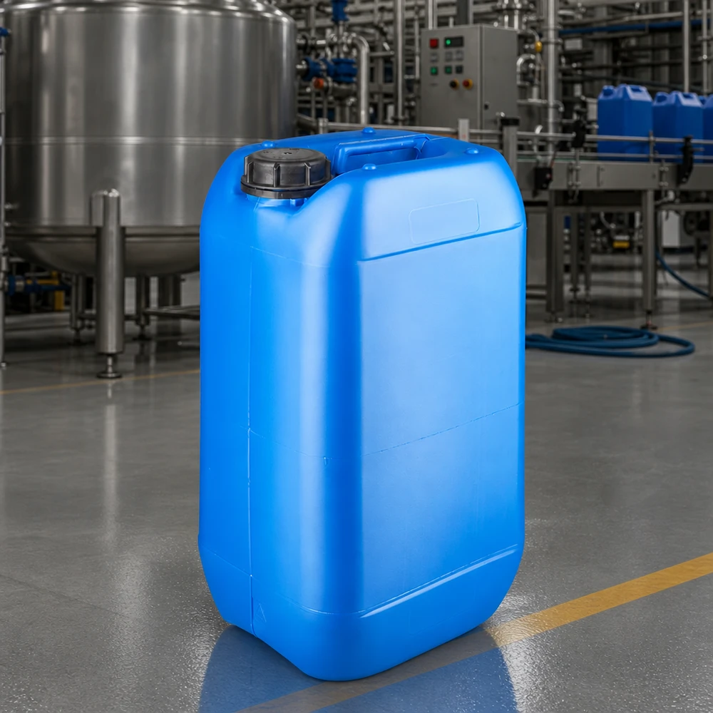 Tanica 15 litri blu con tappo a vite OV Tanica industriale impilabile da 15 litri, blu, con tappo a vite, in un moderno stabilimento di produzione