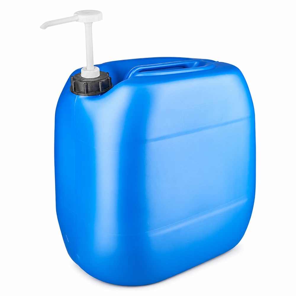 Tanica di plastica blu da 30 litri con pompa dosatrice bianca su tappo a vite nero