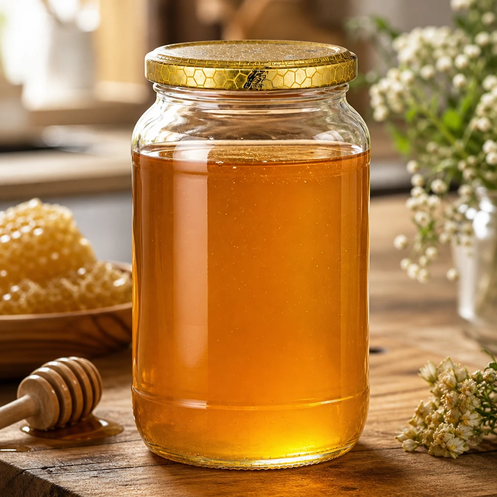Barattolo rotondo da 1062 ml + coperchio BasicSeal a nido d'ape UN... 1062ml Rundglas mit goldenem Bienenwabe-Deckel gefüllt mit Honig neben Waben und Honiglöffel natürliche Küchendeko