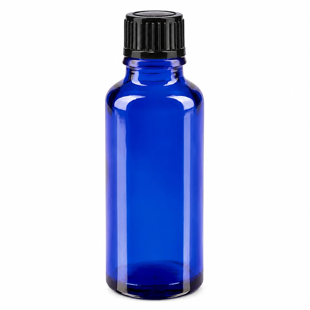 Flacone in vetro blu da 30 ml con tappo contagocce nero, realizzato in vetro da farmacia STD di alta qualità