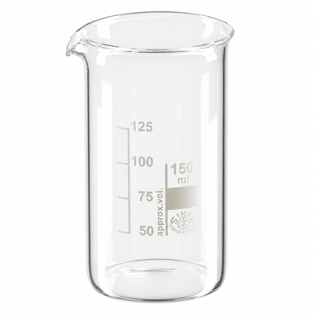 Bicchiere da laboratorio da 150 ml, modello alto, in vetro borosilicato, con scala graduata in millilitri e beccuccio