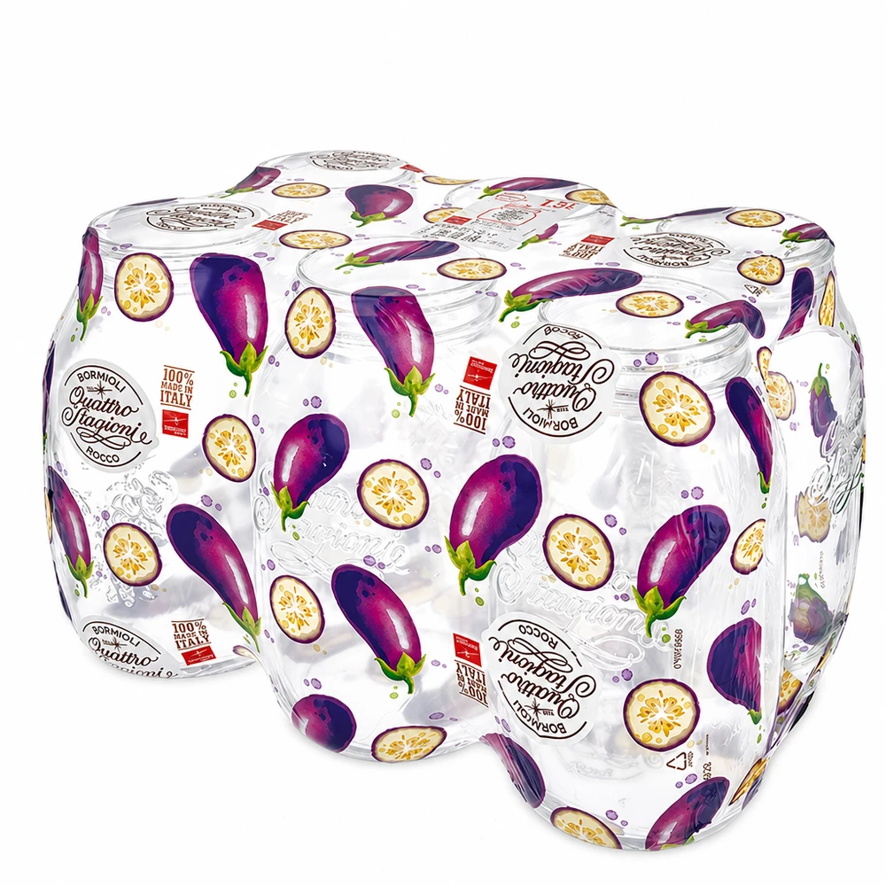 Set di 6 vasi da conserva Quattro Stagioni da 1500 ml con decorazione colorata a melanzana, tappo a vite.