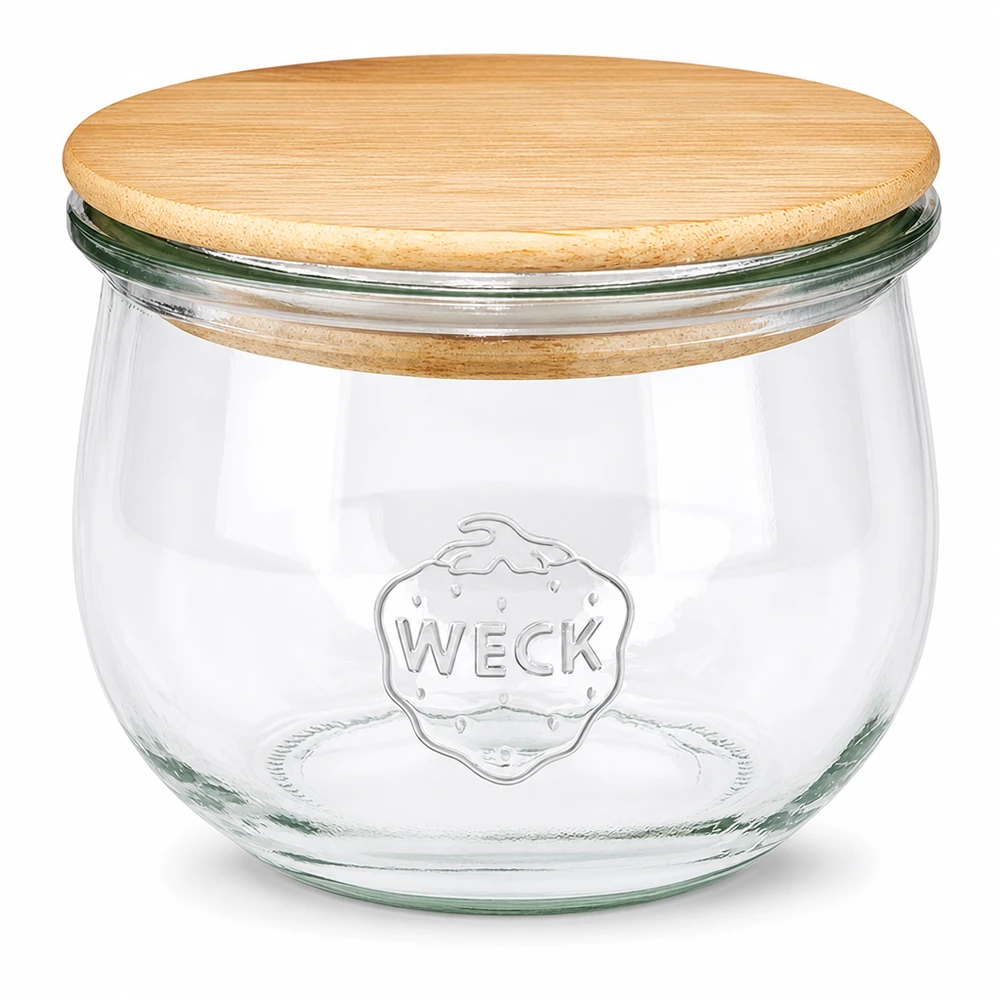 Vaso a tulipano WECK RR100 da 580 ml con coperchio in legno Barattolo WECK a tulipano 580ml RR100 con coperchio in legno naturale - barattolo in vetro trasparente con logo WECK