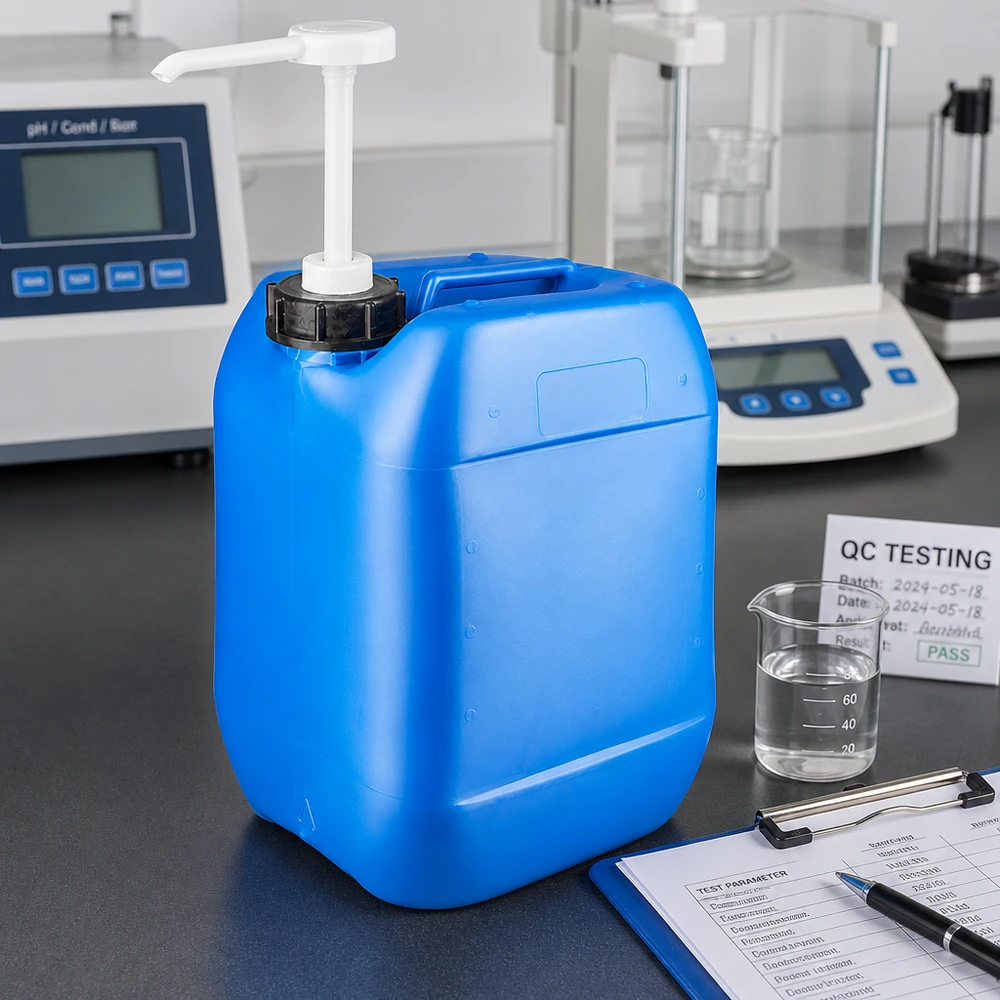 Tanica 10 litri blu con pompa dosatrice Tanica blu da 10 litri con pompa dosatrice in laboratorio, accanto al misuratore di pH e alla bilancia analitica