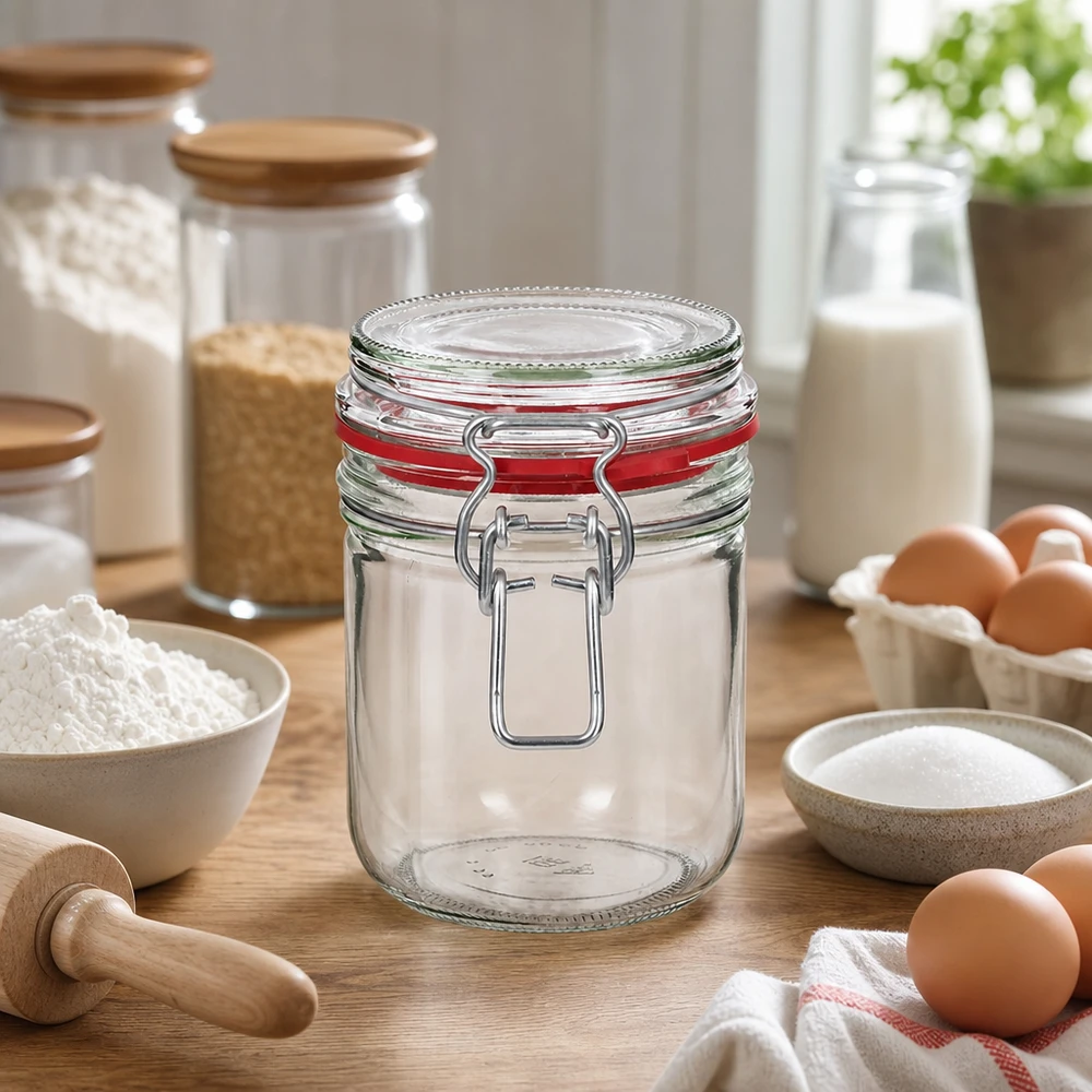 Barattolo da conservazione da 400 ml, tipo G, con chiusura a clip UN.. Robusto barattolo in vetro trasparente da 400 ml con coperchio girevole per un'organizzazione moderna della cucina