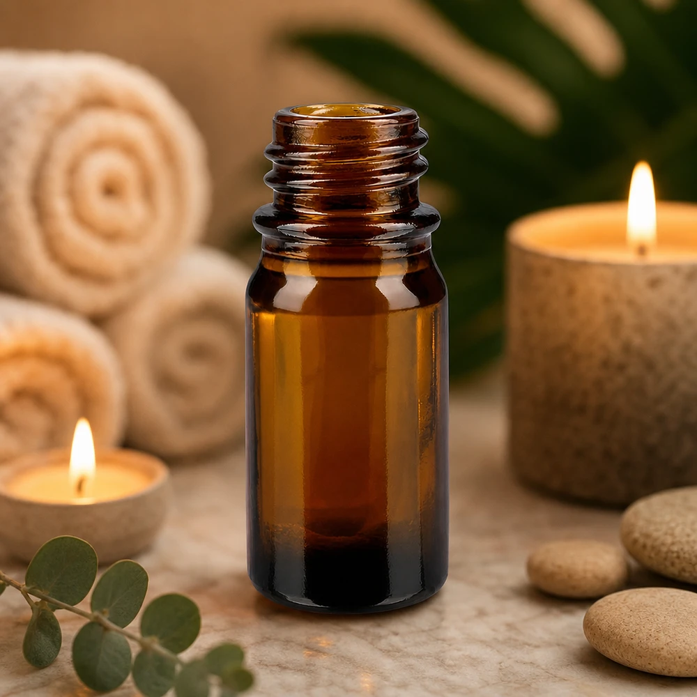 Flacone da 5 ml marrone da farmacia ApoGlas con pietre di eucalipto e candele accese per l'aromaterapia rilassante