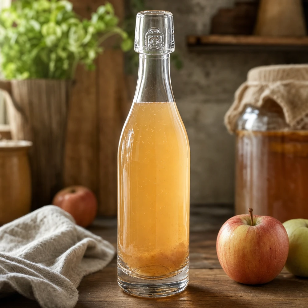 Bottiglia di vetro da 50 ml UNiTWIST riempita di succo di mela accanto a mele fresche Scena di cucina rustica sfondo in legno