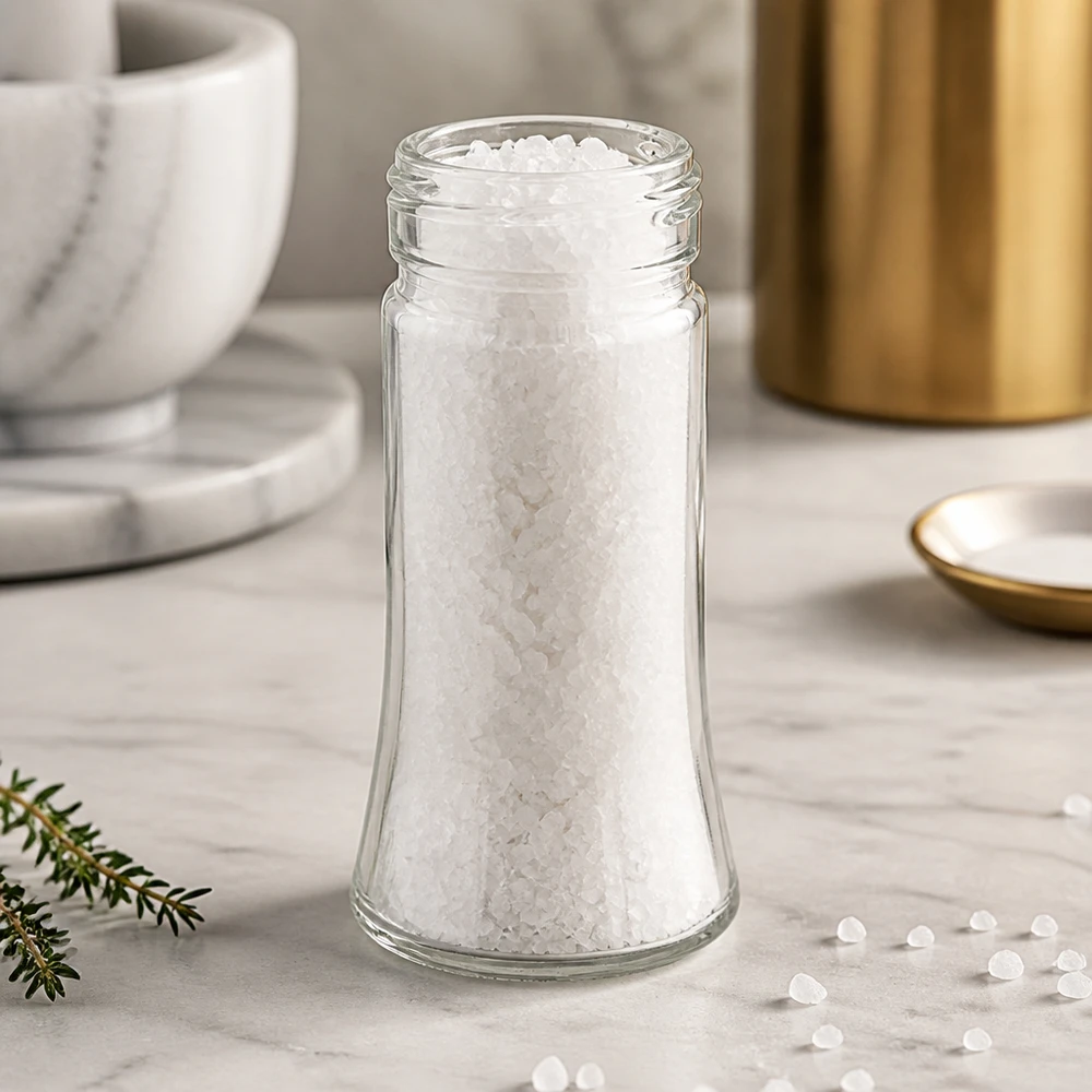 Barattolo per sale/spezie Bobby 95ml, filo 41mm vetro trasparente Bicchiere Bobby da 95 ml riempito con sale marino grosso, su una superficie di marmo bianco